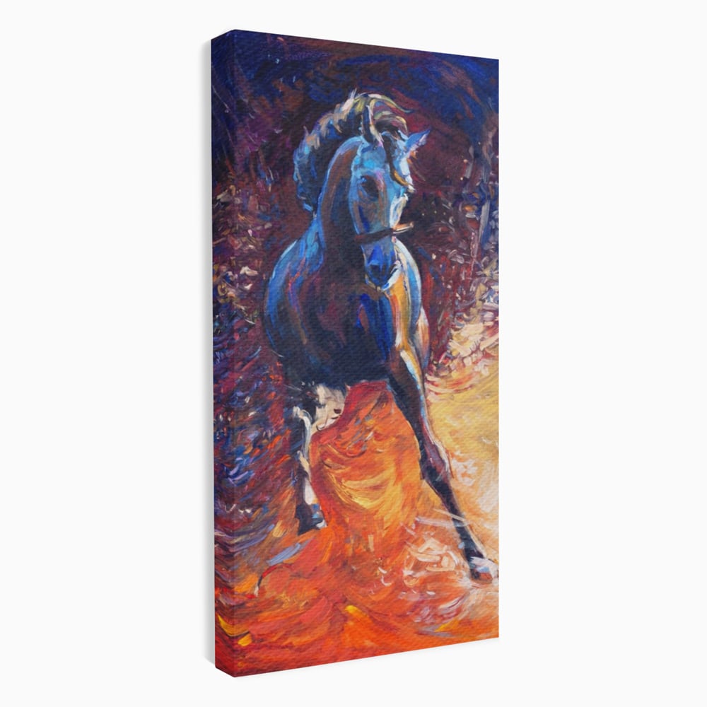 Tablou canvas cu tablou canvas cu un cal albastru in alergare, fara rama, pe sasiu de lemn
